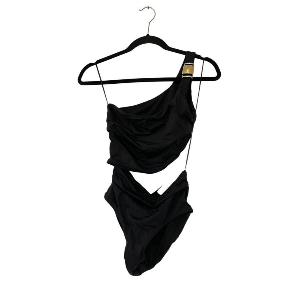 Zara Womens Asymmetric Cut-Out Swimsuit Small Black Shoulder Detail 0167/211 NWT